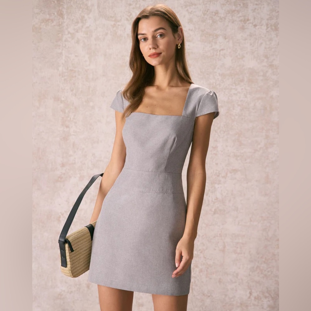 NWT RIHOAS The Grey Square Neck Cap Sleeve Mini Dress